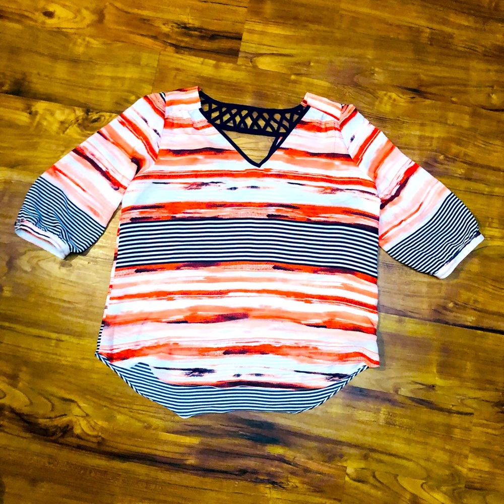 Women’s peach pink white and navy striped blouse. IZ Byer size L